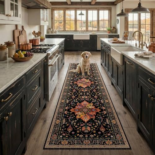 RELEANY Washable Area Rug, Runner 2'x8', Black/Colorful by RELEANY