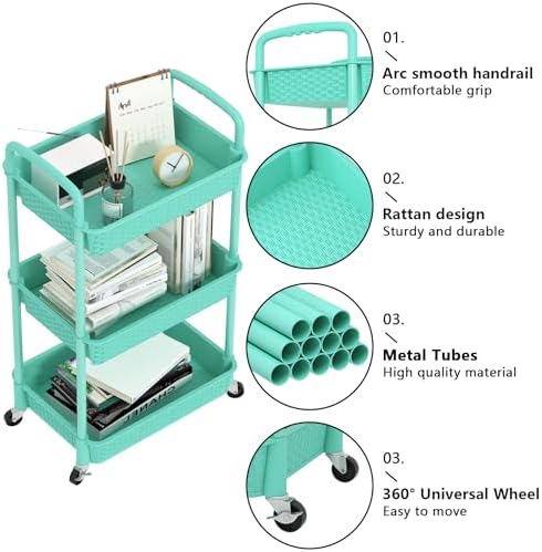 MOYIPIN 3-Tier Plastic Rolling Utility Cart with Handle,Turquoise - Image 5
