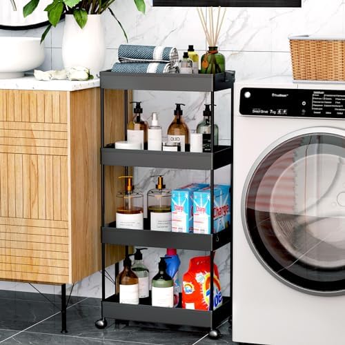 SPACEKEEPER Storage Cart 4-Tier, Bathroom Rolling Cart Utility Storage Organizer Shelf Mobile Shelving Unit for Kitchen Living Room Bathroom Laundry Room & Dressers, Black - Image 4