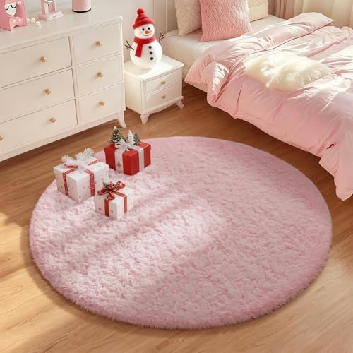 Ophanie Round Rugs 5Ft Pink Circle Area Rug,Fuzzy Bedroom Carpet, Shag Plush Floor Kawaii Christmas Living Room Rugs 5 Foot,Cute Aesthetic Room Decor for Kids Teen Girls Baby Over 99 pcs Pile fibers - Image 3