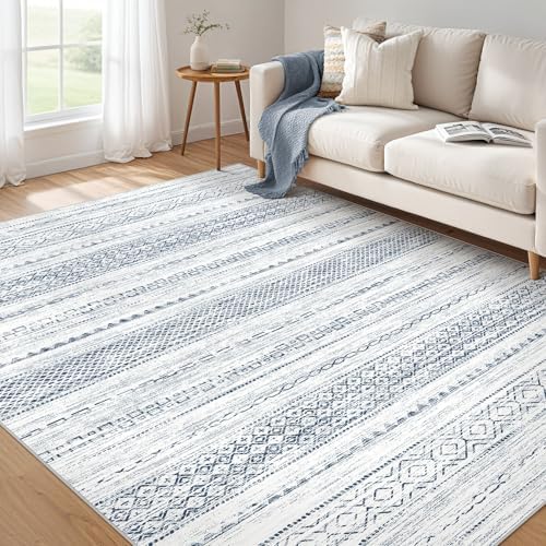 Nakagishi 6x9 Area Rugs Living Room: Washable Boho Large Neutral Soft Farmhouse Rug Stain Resistant Modern Indoor Floor Non-Slip Carpet for Bedroom Nursery Playroom Office Dining Room Dorm-White Blue by NakagishiAreaRug