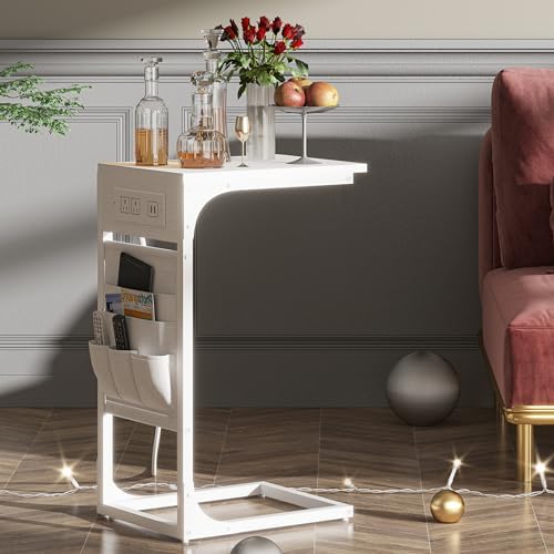 TUTOTAK C Shaped End Table with Charging Station, Side Table for Sofa - Image 2