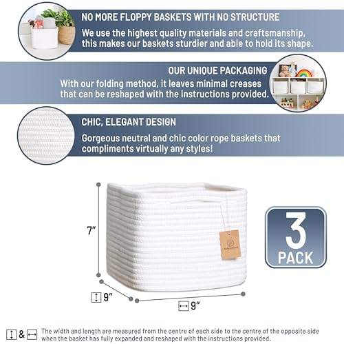 NaturalCozy Storage Cubes 9”x9”x7”Cotton Rope Woven Baskets for Organizing 3-Pack | 9 Inch Cube Storage Bin | Small Basket for Shelf Nursery, Pantry, Decorative Plant, Bathroom Closet, Toy Gift - Image 2