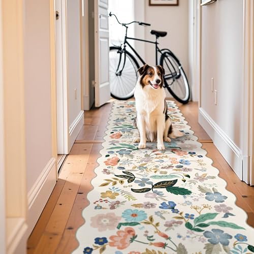 Washable 3x12 Hallway Runner Rug: Soft Floral Scalloped Runners for Entryway Kitchen Nursery Non Slip Bathroom Laundry Floor Mat Water Resistant Light Weight Carpet for Living Room Bedroom(3x12,Cream) by HYHAOYUNLAI