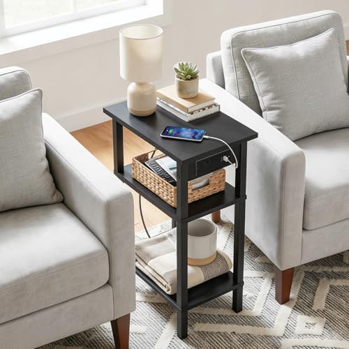 HOOBRO Narrow Side Table, 3-Tier Slim End Table with Charging Station, Skinny Nightstand with Open Storage, for Small Spaces, Living Room, Bedroom, Study, Rustic Brown and Black BB340UBZ01 - Image 2