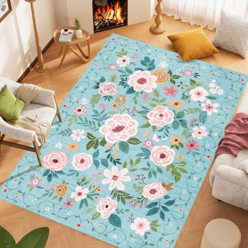DUKINO 6x9 Area Rugs, Floral Washable Rug for Bedroom Non Slip, Teal - Image 3