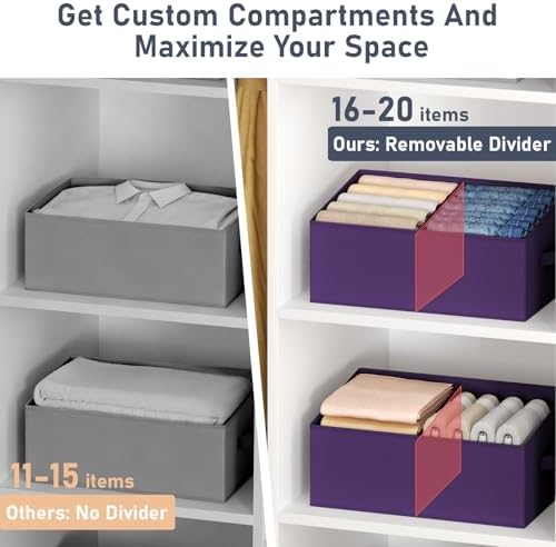 DIMJ Large Closet Shelf Organizer Bins 6 Packs with Handles and Divider, Fabric Trapezoid Storage Baskets, Foldable Clothes Containers Box for Shelf, Towel, Book, Toy, Purse, Hats, Purple - Image 2