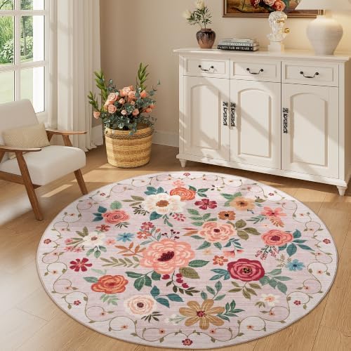 DUKINO 5ft Round Rug, Non Slip Floral Washable Small Circle Rug, Beige - Image 4