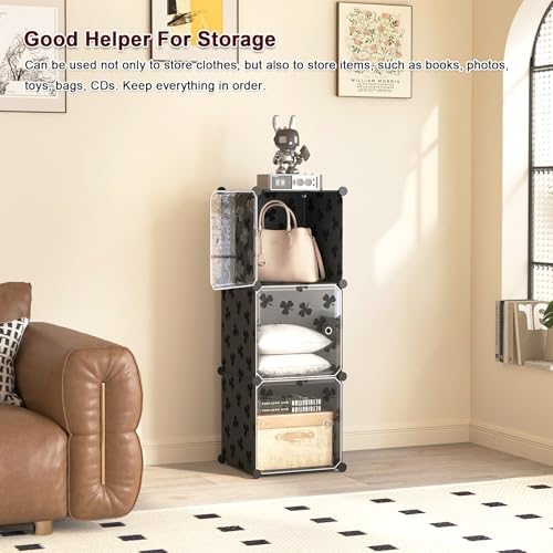C&AHOME Clover Embossed Storage Organizer with Doors 3-Cube Shelf Black - Image 5