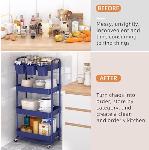 JIUYOTREE 4-Tier Plastic Rolling Storage Cart Utility Cart Blue - Image 5