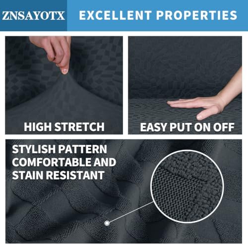 ZNSAYOTX 1 Piece Stretch Sofa Covers for 3 Cushion Couch (72"-90"), New Plaid Couch Cover with Non-Slip Buckle for Dog Pets, Ultimate Soft Cozy Washable Sofa Slipcover Form Fit Protector, Dark Grey - Image 3