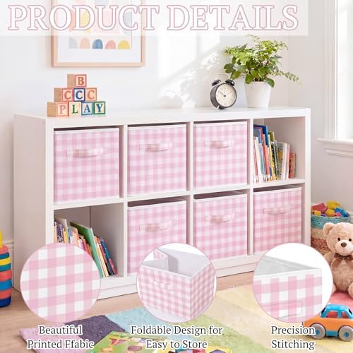 Yalikop 6 Pcs Pink Gingham Cube Storage Bins, 11 Inch Fabric Checkered Classroom Storage Bins Organizer with Handle Preppy Collapsible Cubby Basket for Classroom Home Nursery Playroom Bedroom - Image 3