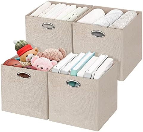 Posprica Storage Cubes, 12×12 Storage Bins, Fabric Drawers Organizer Basket, 4pcs, Beige by Posprica