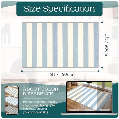 3x5 Entry Rug - Small Washable Indoor Outdoor Mats for Front Door Non-Slip Porch Rug Summer Blue White Coastal Striped Throw Rugs for Bedroom Entryway Kitchen Office Mudroom Front Porch Decor - Image 7