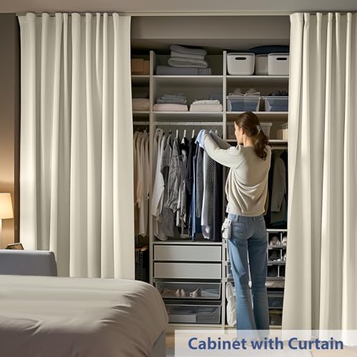 Room Divider Ceiling Mounted Curtains Track Sets Extra Wide Blackout Curtain Flexible Tracks for Bedroom Privacy Partition Separator, 1 Panel Beige Drape and White Rail, W15 x H8ft - Image 3