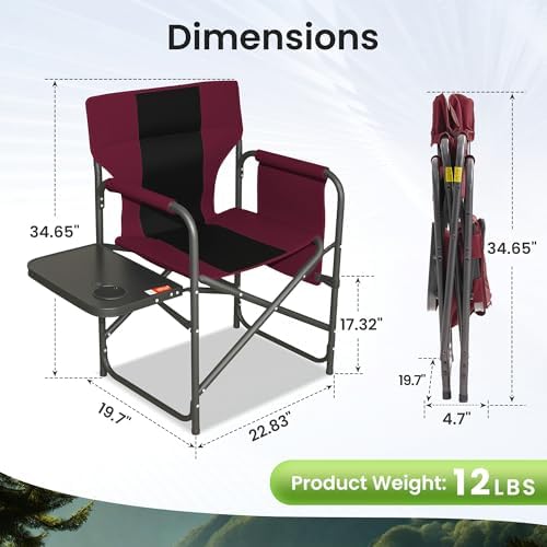 Directors Chair 17.5" Seat Height, Bar Height Folding Chair with Side Table, Foldable Camping Chair with Side Pocket for Makeup Artist, Sports Event, Supports 400LBS - Red - Image 3