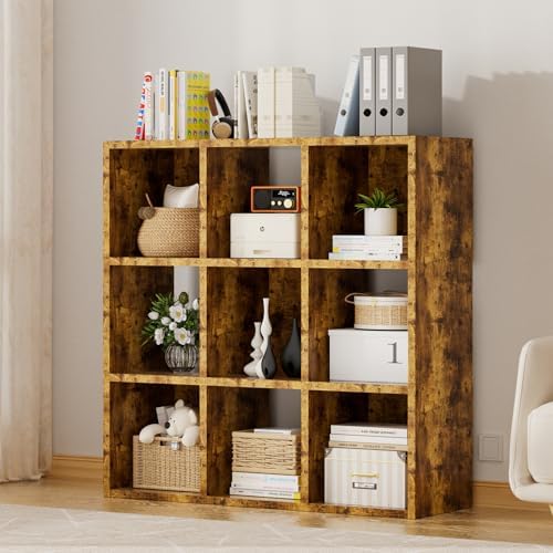 COMHOMA 9 Wood Cube Storage Organizer with Open Back and Removable Back Panels, 11In Brown Cube Storage Bookshelf, Cubicle Shelf Bookcase for Home Office Bedroom Living Room, Vertical or Horizontal by ComHoma