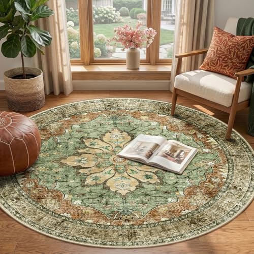 RELEANY Washable Area Rug, Round 4ft, Brick/Brown/Green - Image 2