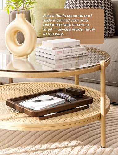 HOLANA 15.75" Acacia Couch Armrest Table with Phone Holder, Walnut Color - Image 4
