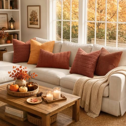 MIULEE Fall Euro Corduroy Decorative Throw Pillow Covers 24x24 Dark Rust - Image 4
