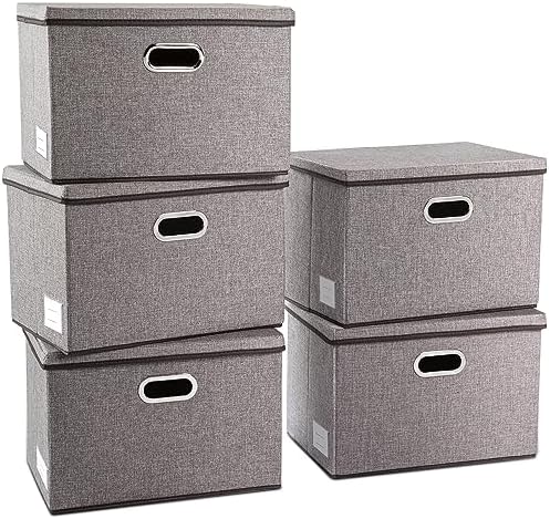 PRANDOM Large Collapsible Storage Containers with Lids [5-Pack] Linen Fabric Foldable Storage Bins Boxes Organizer Baskets Cube with Cover for Home Bedroom Closet Office Nursery (17.7x11.8x11.8) by Prandom