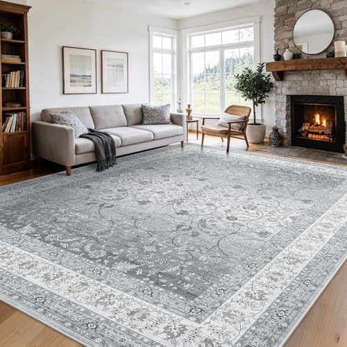 AMADA HOMEFURNISHING 8x10 Area Rugs, Washable Living Room Rug with Non-Slip Backing, Low Pile and Durable Edge Binding, Soft Vintage Floral Rugs for Living Room, Bedroom, Dining Room by AMADAHOMEFURNISHING