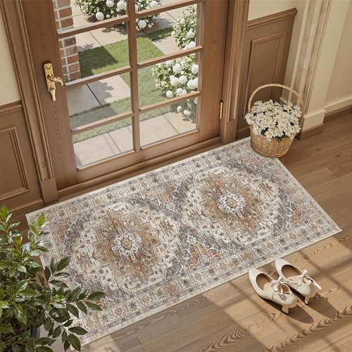 Madane Washable Area Rug 2x4, Small Entryway Rugs Non-Slip, Turmeric/Grey by Madane