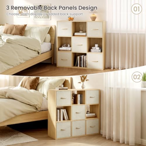 EXPERLAM 9 Cube Storage Organizer - Solid Wood Bookshelf with 5 Storage Bins, Cube Shelf with 3 Removable Back Panels, Vertical or Horizontal Bookcase, Open Book Shelf for Bedroom, Living Room, Office - Image 6
