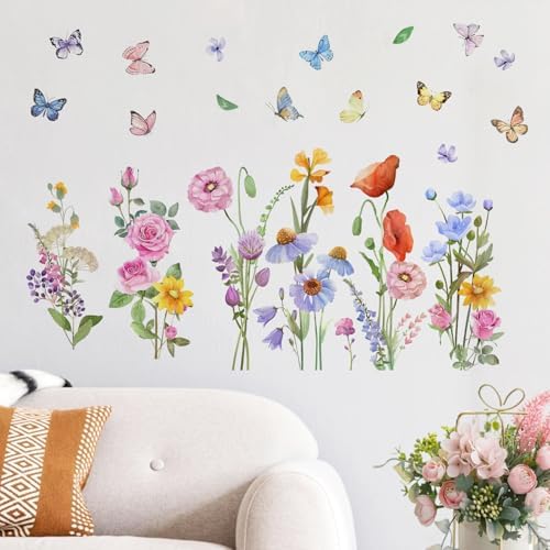 Yovkky Watercolor Wildflower Wall Decals Stickers, Rose Poppy Flowers | Butterfly Home Girls Bedroom Decor, Spring Summer Floral Living Room Kitchen Decorations Art - Image 3