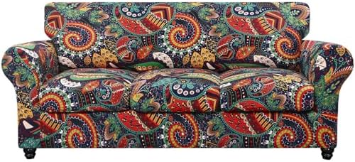 SearchI Stretch Sofa Cover Printed Couch Cover, Floral Pattern 4 Pieces Sofa Slipcover with 3 Separate Cushion Cover, Washable Furniture Protector for Living Room(Sofa, Paisley Pattern) by SearchI