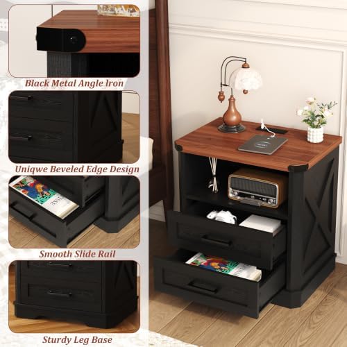 Yusong 23.62" Tall Farmhouse Nightstand, Rustic Wooden Night Stand with Charging Station, Beside Table with Drawers and Open Storage, End Tables for Bedroom, Black - Image 5