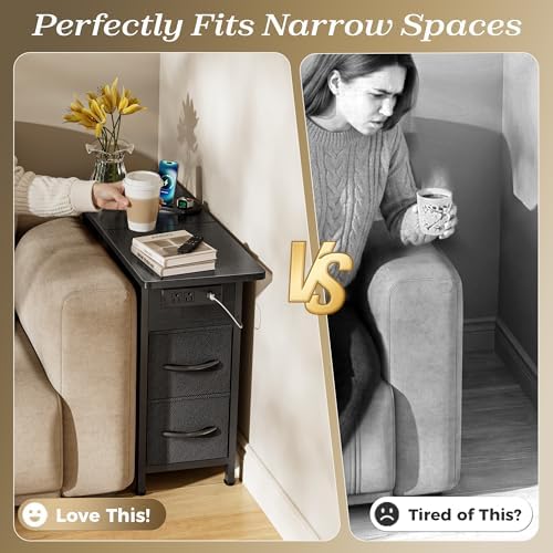 Huuger Narrow End Table with Charging Station, Side Table with 2 Drawers - Image 4