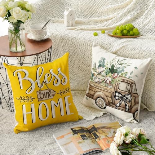 AVOIN colorlife Bless Our Home Farmhouse Eucalyptus Leaves Throw Pillow Covers, 16 x 16 Inch Yellow Truck Home Sweet Cushion Case Decorations Set of 4 - Image 5