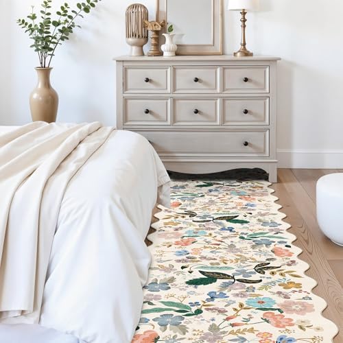 Hallway Floral 2'6x14 Runner Rugs: Washable Scalloped Soft Carpet with Non-Slip Backing for Entryway Kitchen Stain-Resistant Bedroom Floor Mat – Gifts for Newlyweds/Household Home Dcor (2'6x14,Cream) - Image 4