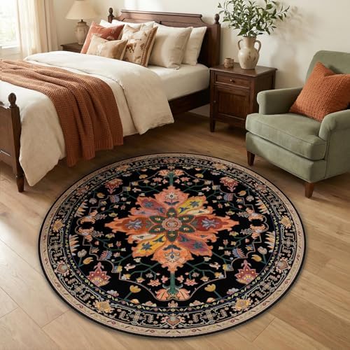 RELEANY Washable Area Rug, Round 4ft, Black/Colorful by RELEANY