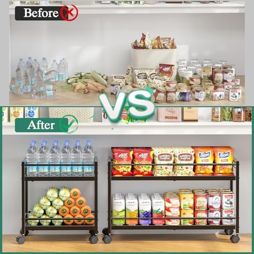 2-Tier Expandable Rolling Pantry Cart with Wheels, Adjustable Floor Organizer for Kitchen Pantry, Can Organizer for Pantry, Storage Cart for Snack, Food, Vegetables, Black, Patent Pending - Image 6