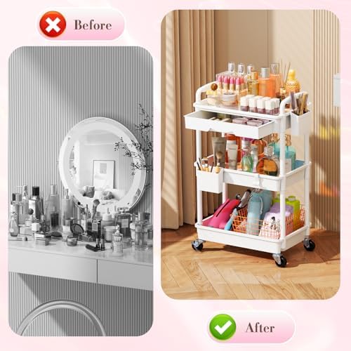 SUNALLY Makeup Cart Organizer with Drawer,3 Tier Rolling Makeup Cart, White - Image 5