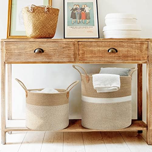 CHICVITA Large Wicker Storage Basket with Leather Handles, 16" x 16", White - Image 2