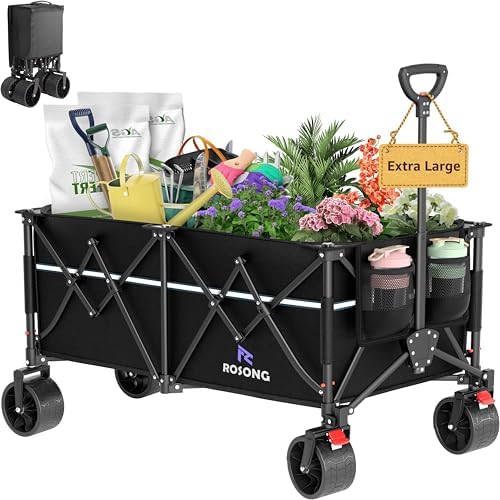 ROSONG Collapsible Wagon Cart with Wheels Foldable - Folding Utility Heavy Duty Wagons Carts for Grocery Sports Garden Shopping Camping Wheelbarrows (Black, 260L) by ROSONG