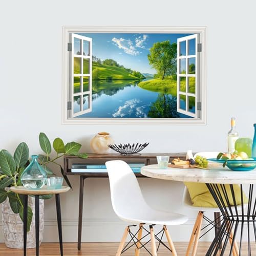 Fake Window Wall Decal- Lake Green Tree Grassland Open Wall Art Sticker | Faux Window Natural Scenery Landscape Mural｜ Stick and Peel Wall Decals｜for Room Bedroom Office Decor｜48"x32",Set of 2 Sheets - Image 6