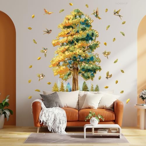 Golden Fall Tree Wall Stickers - Lush Gradient Tree Birds Falling Leaves Peel & Stick Removable Waterproof Wall Decals for Living Room Bedroom,88 cm x 106 cm - Image 4