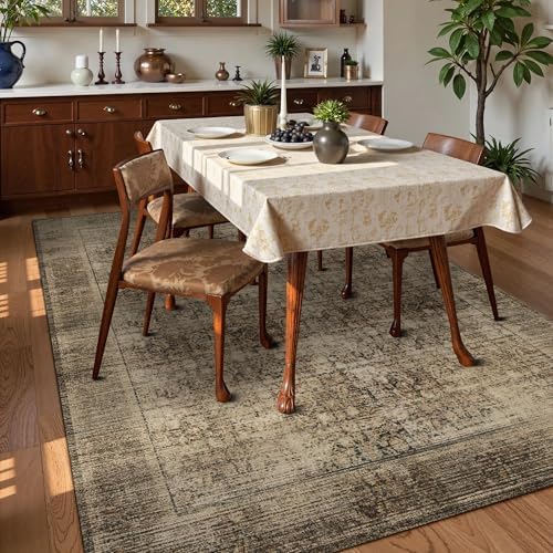 Washable Area Rug 9' x 12' Vintage Traditional Persian Mat - Foldable Distressed Non-Slip Machine Washable Carpet for Living Room Bedroom Kitchen Home Decor - Mocha and Taupe - Image 3