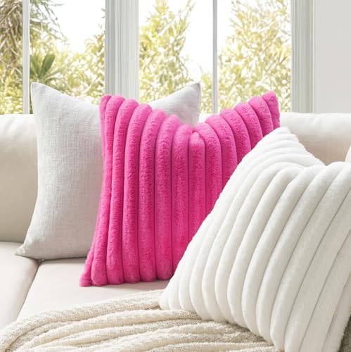 MIULEE Faux Fur Decorative Throw Pillow Covers 20x20 Set of 2 Hot Pink - Image 3