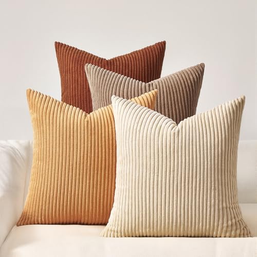 Topfinel Yellow Brown Gradient Rustic Pillow Case Boho Throw Pillow Covers 22x22 Inch Set of 4 Soft Farmhouse Corduroy Striped Decorative Cushion Cover for Sofa Couch Living Room Bedroom by Topfinel