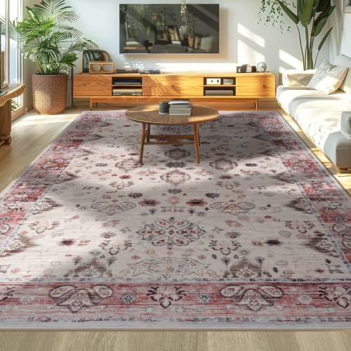 Hanples 5x8 Area Rugs for Living Room, Washable Rug Vintage Floral, Red - Image 4