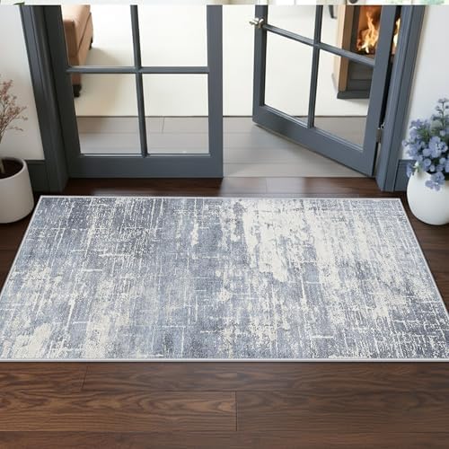 Washable 2x5 Abstract Hallway Runners: Indoor Water Resistant Kitchen Sink Rug Soft Living Room Bedroom Carpet Thin Low Pile Non Slip Floor Mat for Bathroom Entrance Laundry Room(2X5,Blue/Ivory) by HYHAOYUNLAI