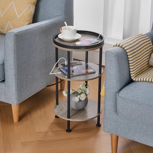 Small Round Side Table with Charging Station for Small Spaces, 3-Tier Accent Table with USB Ports & Power Outlets, Corner Tea Table Sofa Table for Living Room Nightstand Bedroom Apartment(USB,Oak) - Image 2