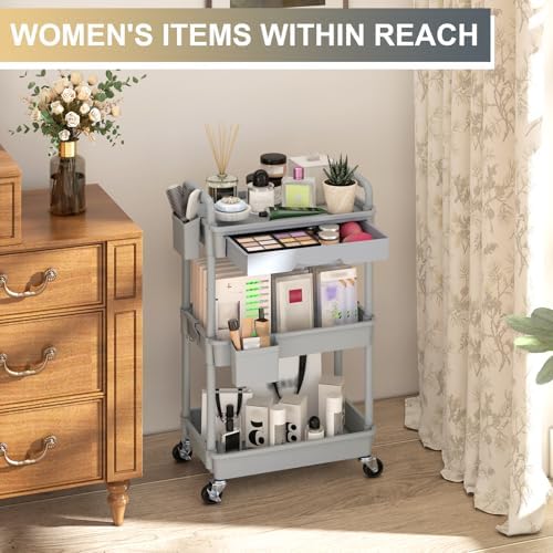 Goovilla 3 Tier Rolling Utility Cart Organizer with Removable Drawer, Grey - Image 5