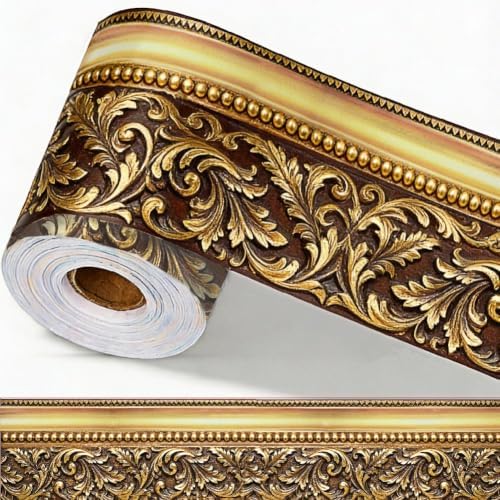 Gold Frame Bulletin Board Border 196.9 x 3.9 Inch Straight Rolled Border Trim Peel and Stick PVC Decorative Molding Stickers for Living Room Bathroom Kitchen Backsplash Home Decoration by PRESSINART