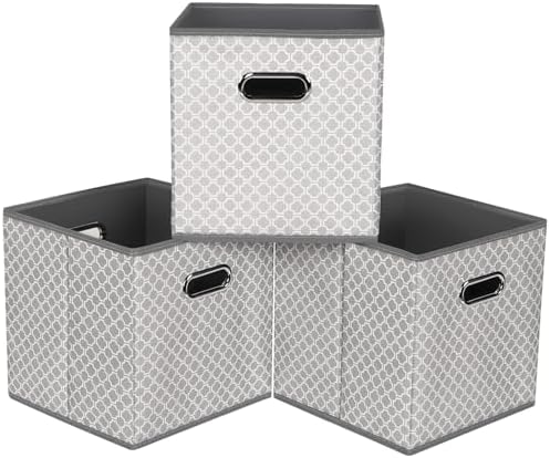 Fabric storage bins Cubes, Fabric Cube Organizer with Handle, Foldable Cube Bins for Cloth or Accessary Storage, 11x11x11, Set of 3, (Light Grey) by Yunkeeper